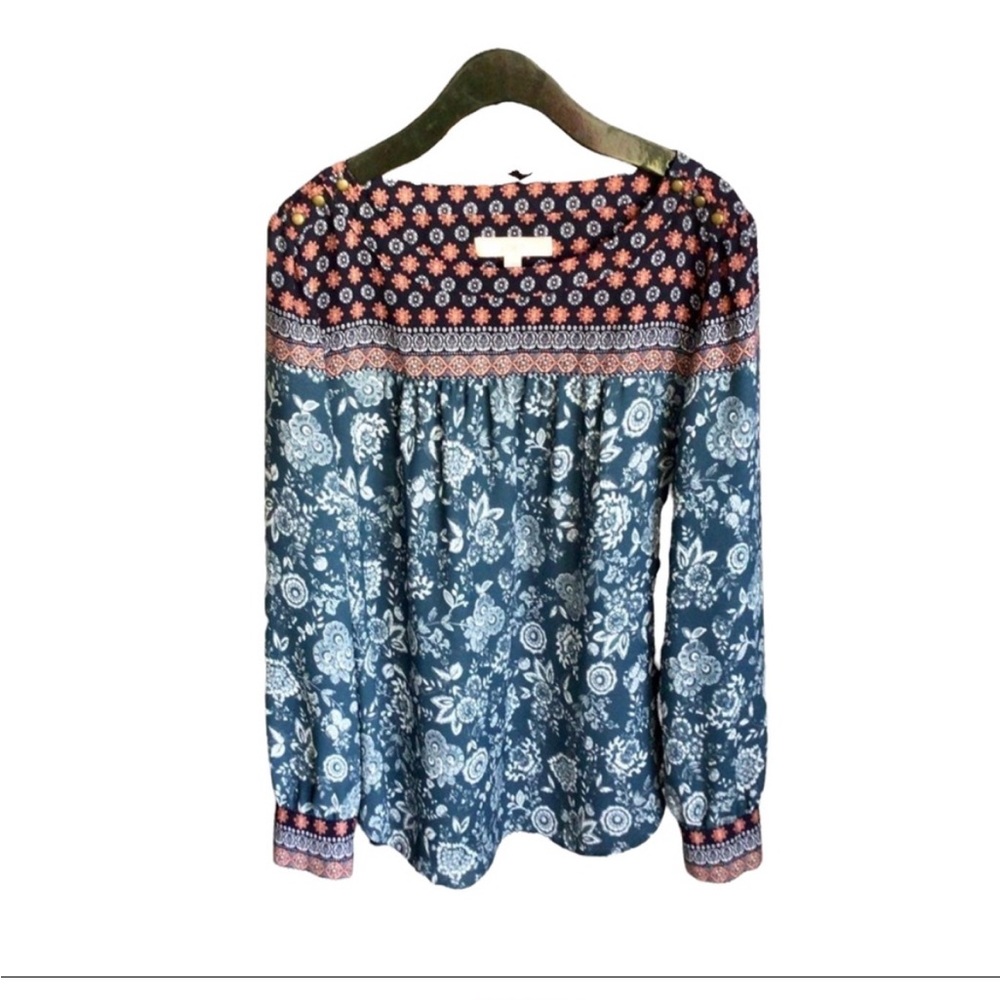 LOFT Floral Pattern Long Sleeved Boat Neck Blue Blouse Women’s Size L